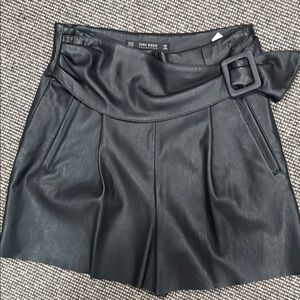 Zara Black Faux Leather High-Waist Belted Shorts